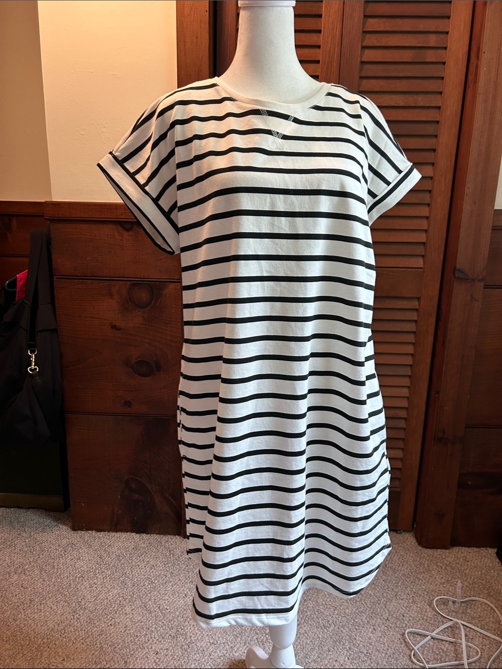 Fred David Cotton White and Black Striped Tee Dress
